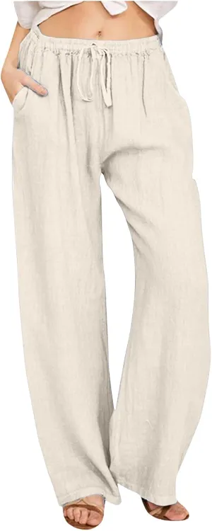 Womens Linen Summer Palazzo Pant Flowy Wide Leg Beach Pants High Waisted Casual Trousers with Pockets