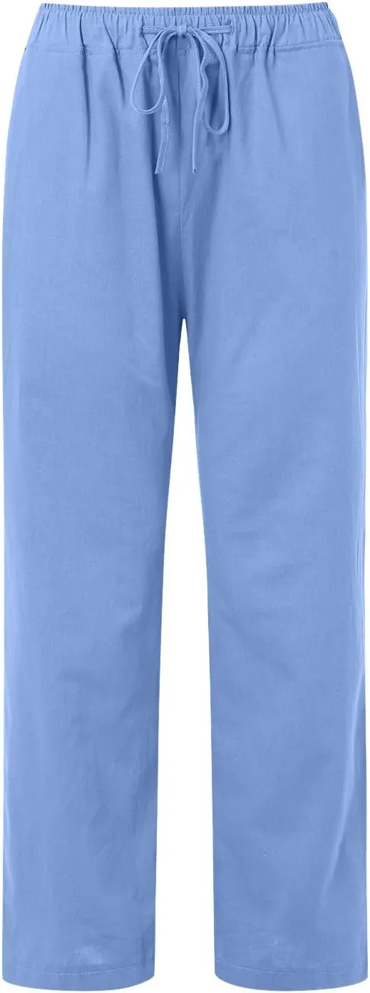 Womens Linen Summer Palazzo Pant Flowy Wide Leg Beach Pants High Waisted Casual Trousers with Pockets