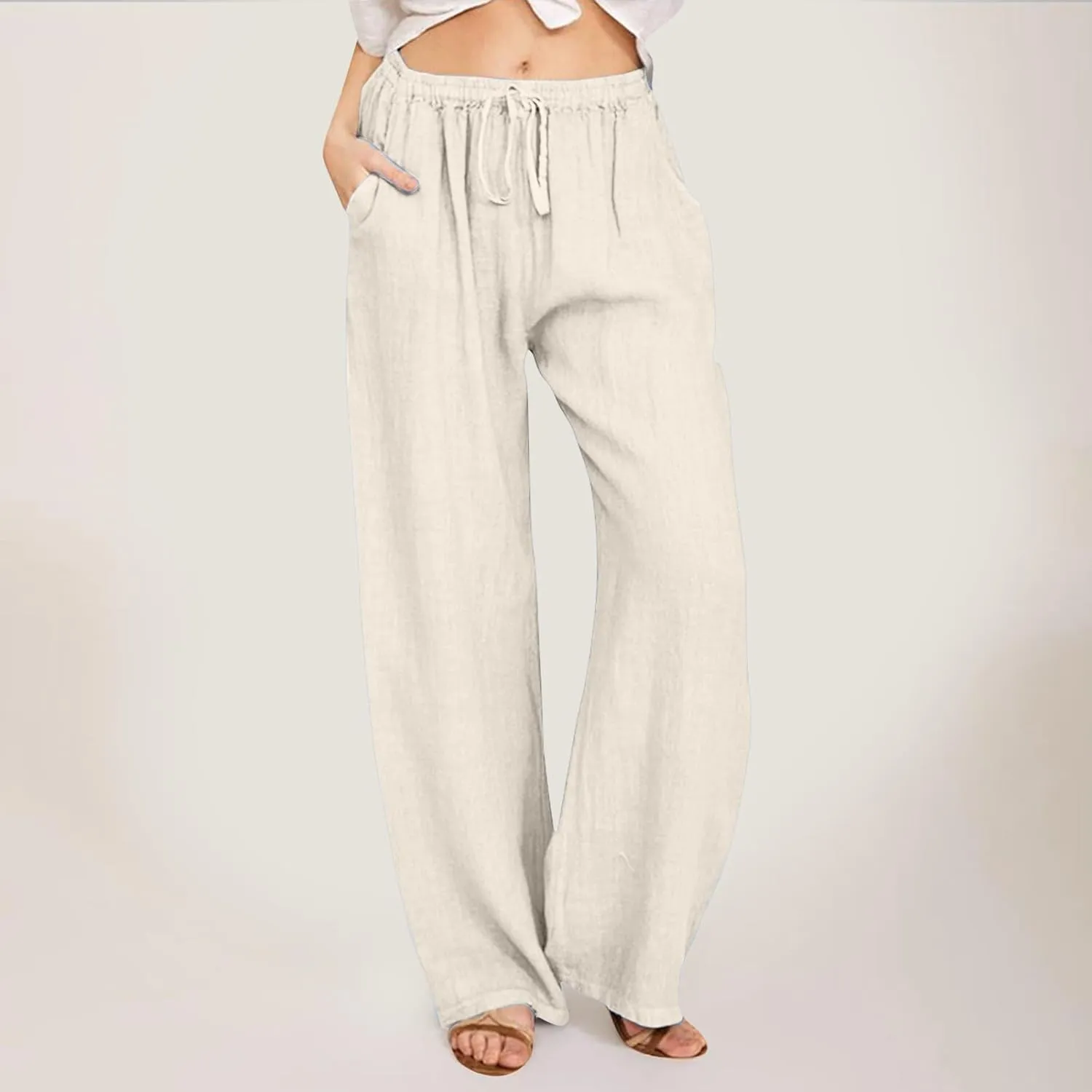 Womens Linen Summer Palazzo Pant Flowy Wide Leg Beach Pants High Waisted Casual Trousers with Pockets