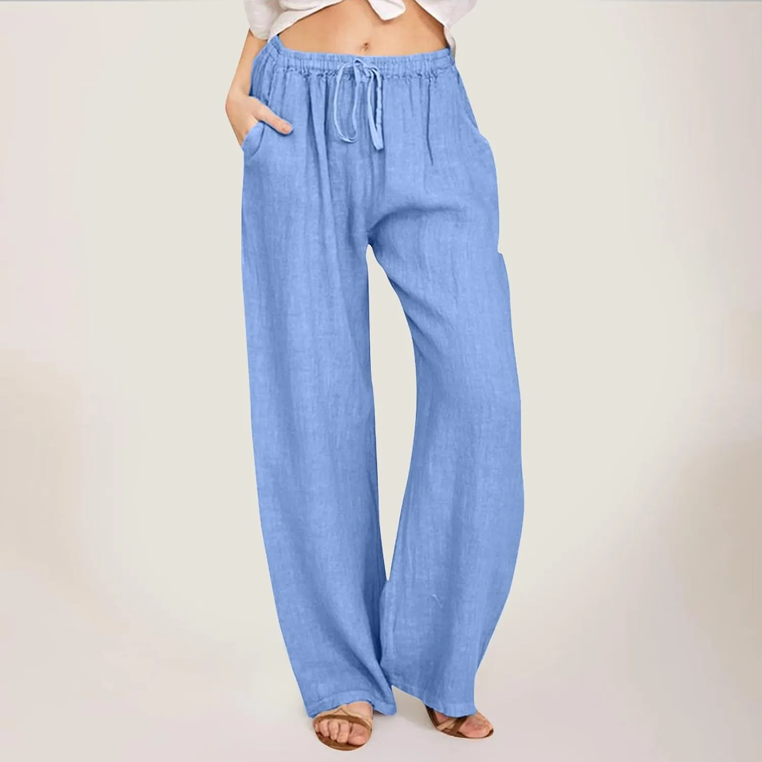 Womens Linen Summer Palazzo Pant Flowy Wide Leg Beach Pants High Waisted Casual Trousers with Pockets