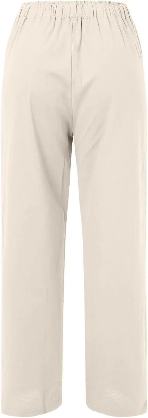 Womens Linen Summer Palazzo Pant Flowy Wide Leg Beach Pants High Waisted Casual Trousers with Pockets