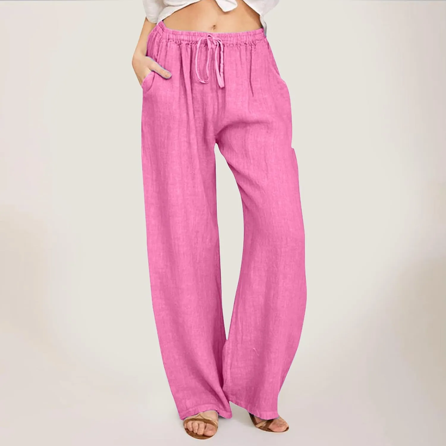 Womens Linen Summer Palazzo Pant Flowy Wide Leg Beach Pants High Waisted Casual Trousers with Pockets