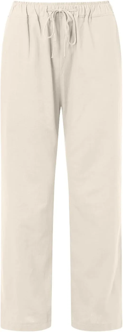 Womens Linen Summer Palazzo Pant Flowy Wide Leg Beach Pants High Waisted Casual Trousers with Pockets