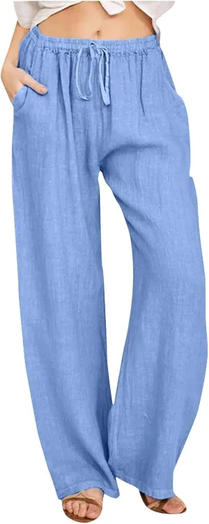 Womens Linen Summer Palazzo Pant Flowy Wide Leg Beach Pants High Waisted Casual Trousers with Pockets