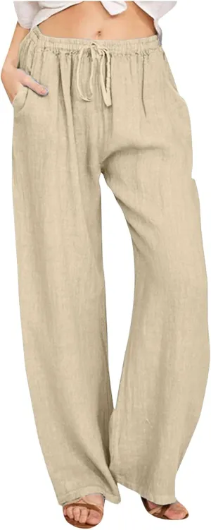 Womens Linen Summer Palazzo Pant Flowy Wide Leg Beach Pants High Waisted Casual Trousers with Pockets