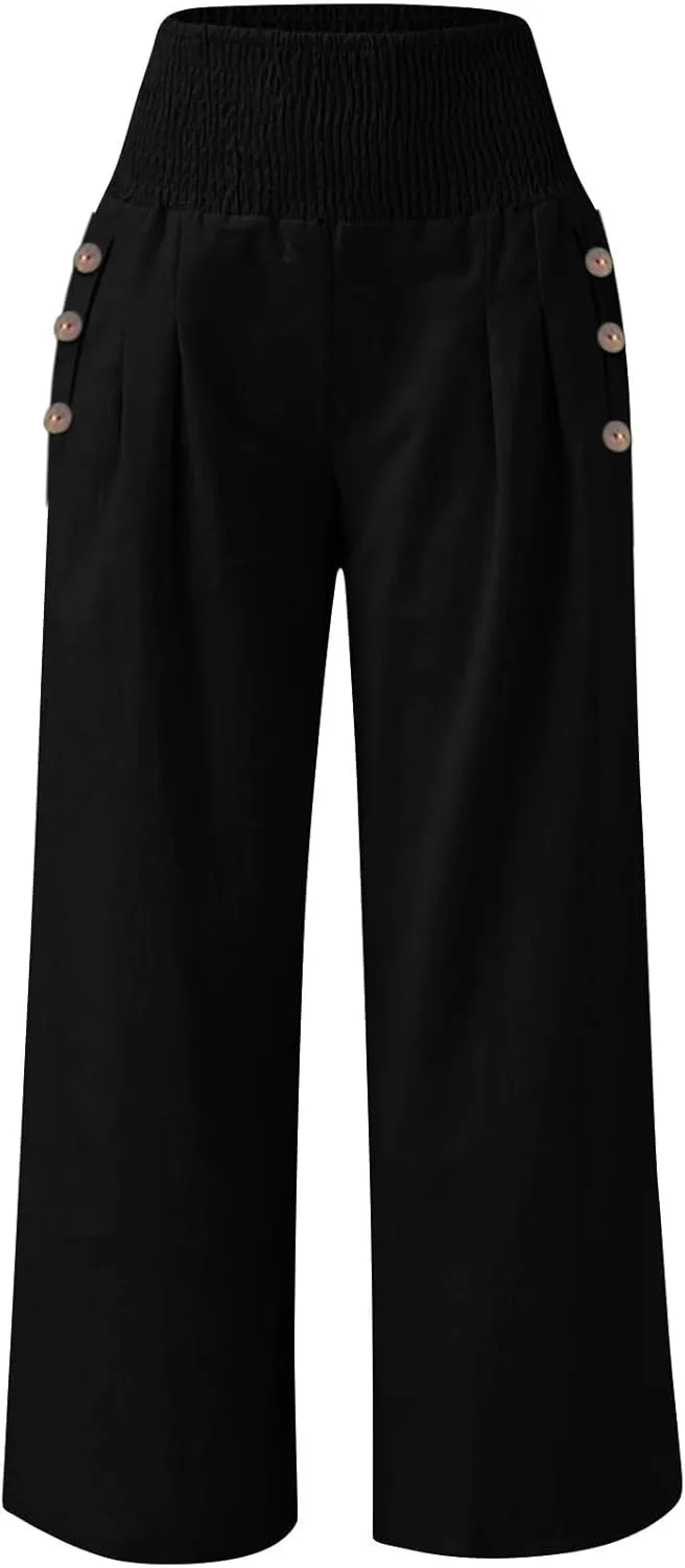 Womens Linen Wide Leg Palazzo Pants High Waisted Smocked Lounge Trousers with Pockets High Waist Linen Trousers Pant