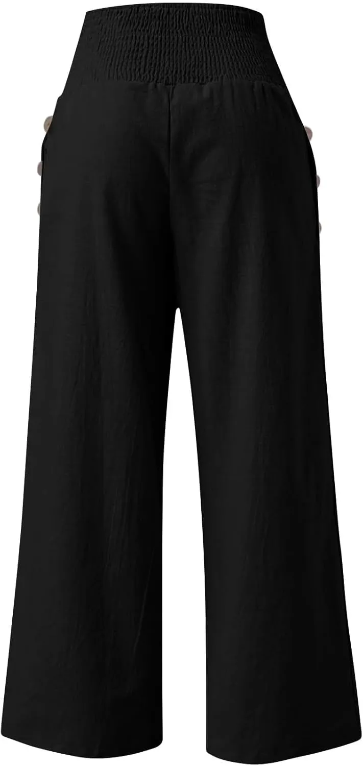 Womens Linen Wide Leg Palazzo Pants High Waisted Smocked Lounge Trousers with Pockets High Waist Linen Trousers Pant