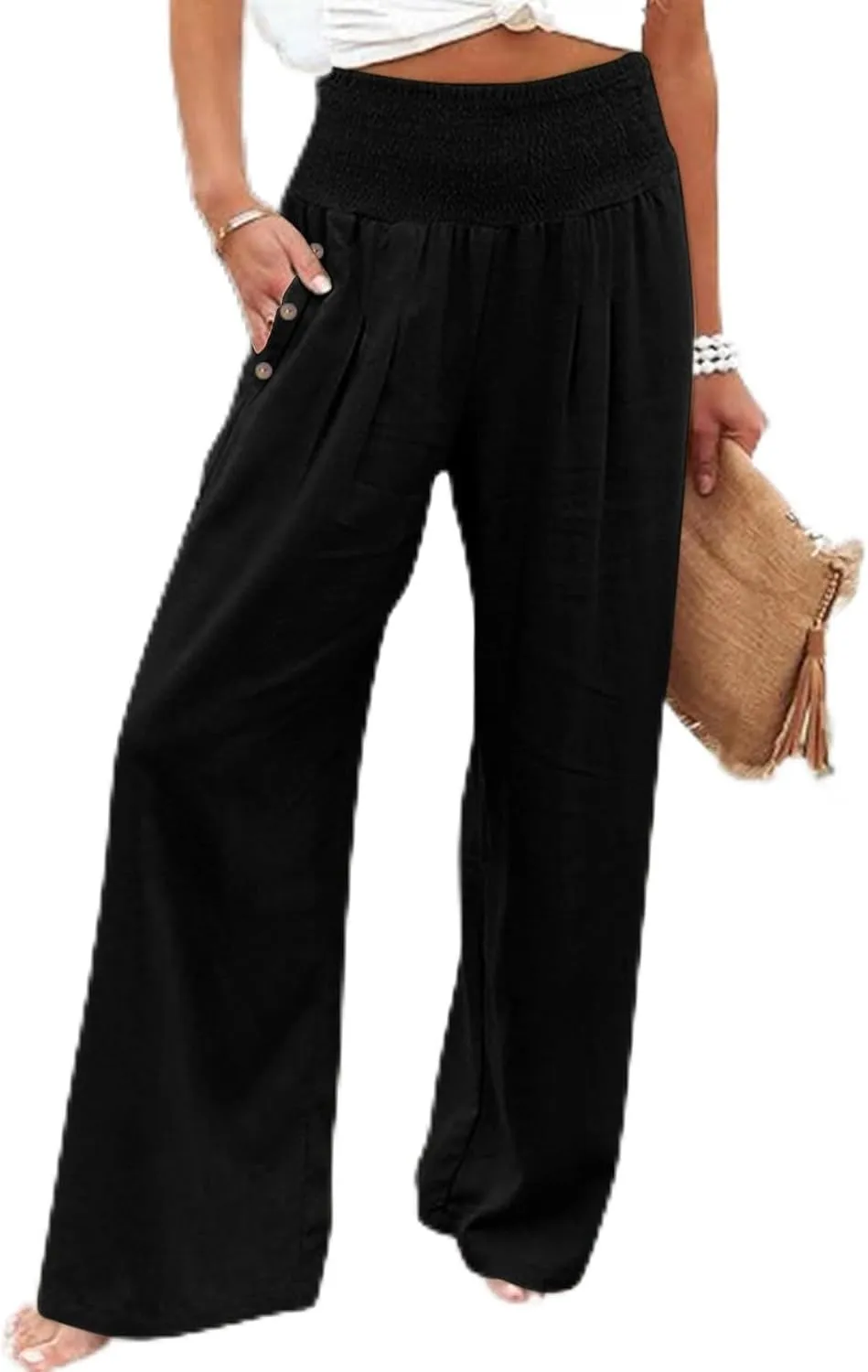 Womens Linen Wide Leg Palazzo Pants High Waisted Smocked Lounge Trousers with Pockets High Waist Linen Trousers Pant
