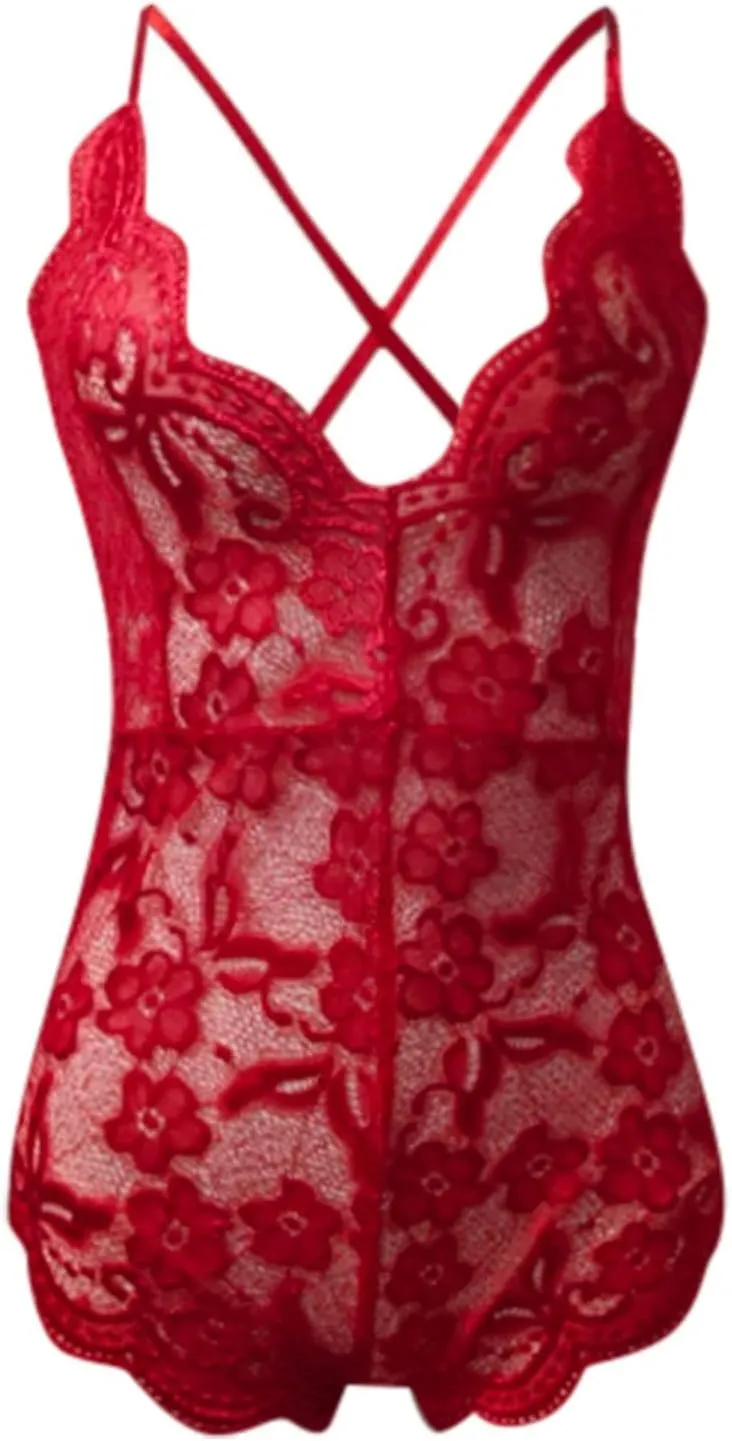 Womens Lingerie Lace Babydoll Sexy Floral Embroidery Sheer Spaghetti Strap Cute Tights Nightwear Underwear