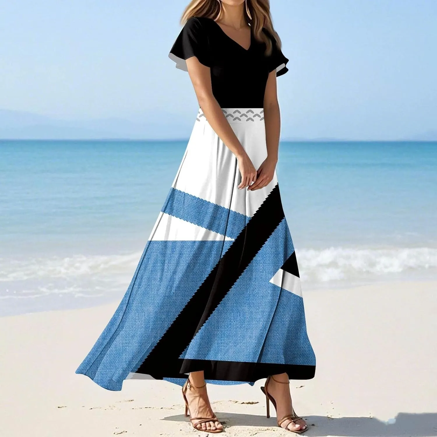 Womens Long Dresses Formal Flowy Short Sleeve High Waisted A Line Summer Dress for Women Beach Trendy V Neck