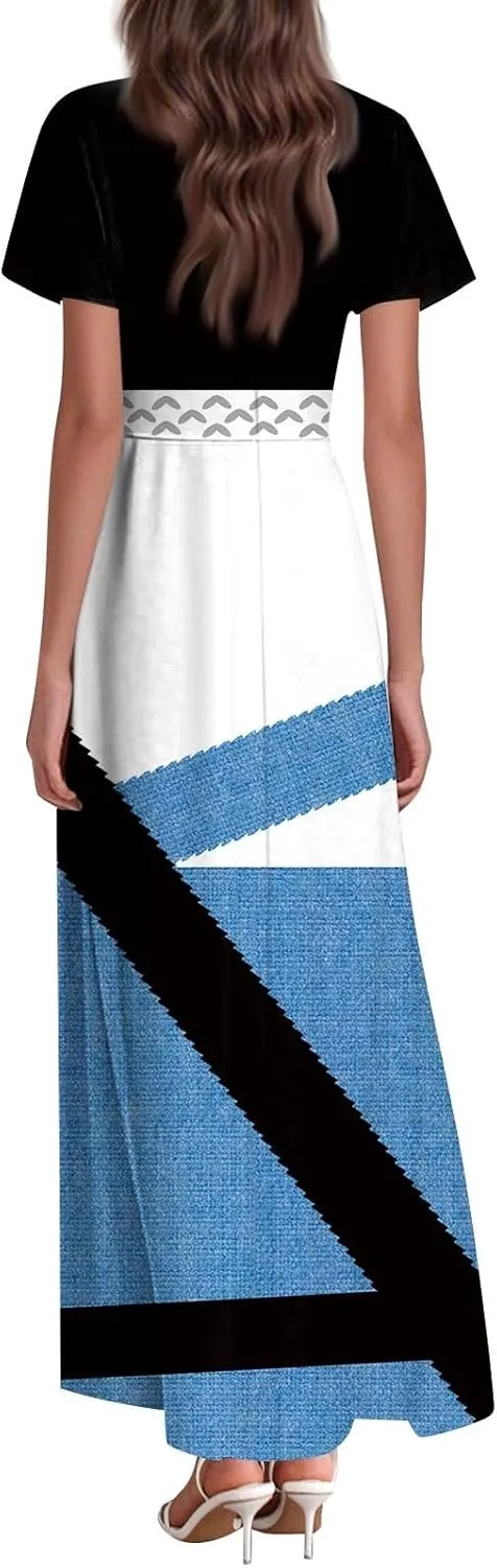 Womens Long Dresses Formal Flowy Short Sleeve High Waisted A Line Summer Dress for Women Beach Trendy V Neck