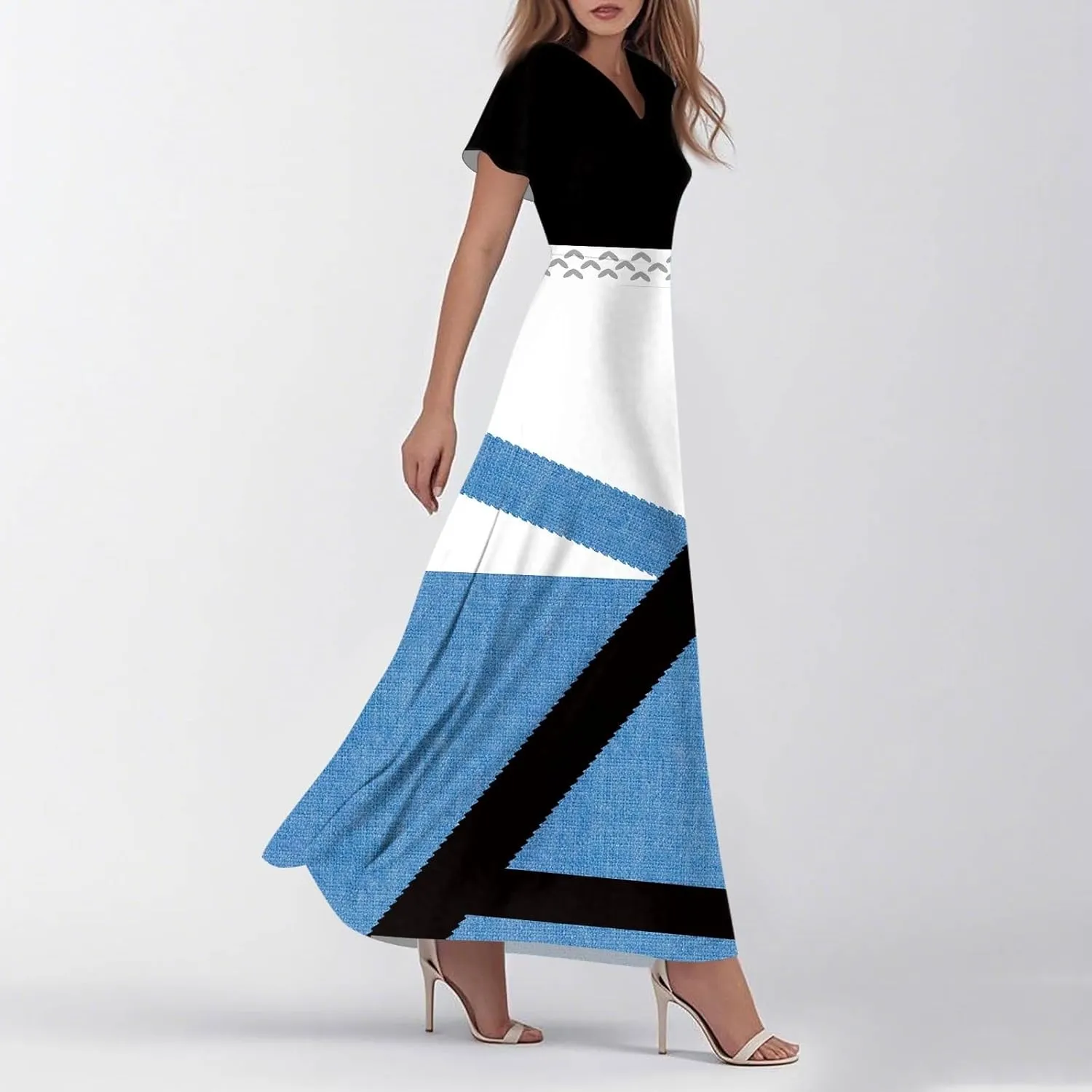 Womens Long Dresses Formal Flowy Short Sleeve High Waisted A Line Summer Dress for Women Beach Trendy V Neck