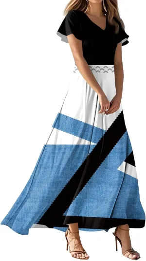 Womens Long Dresses Formal Flowy Short Sleeve High Waisted A Line Summer Dress for Women Beach Trendy V Neck