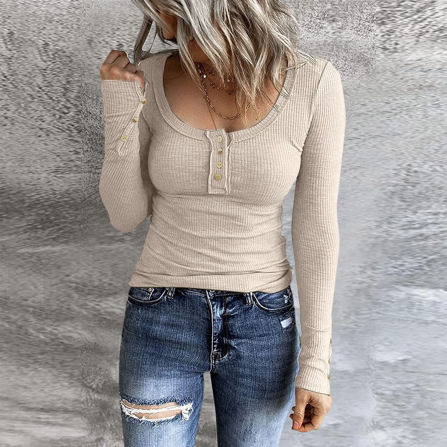 Womens Long Sleeve Henley Shirts 2024 Fall Fashion U Neck Basic Button Up Shirts Casual Comfy Slim Fit Pullover Tops