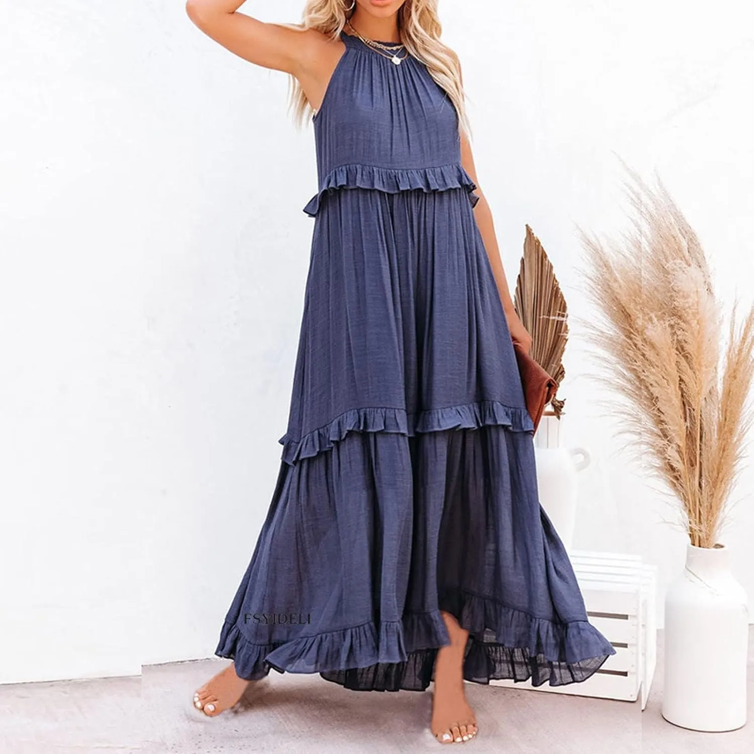 Women's Maxi Dress 2025 Spring Casual Loose Swing Sleeveless Tiered Beach Dress Boho Smocked Halter Ruffle Sundress