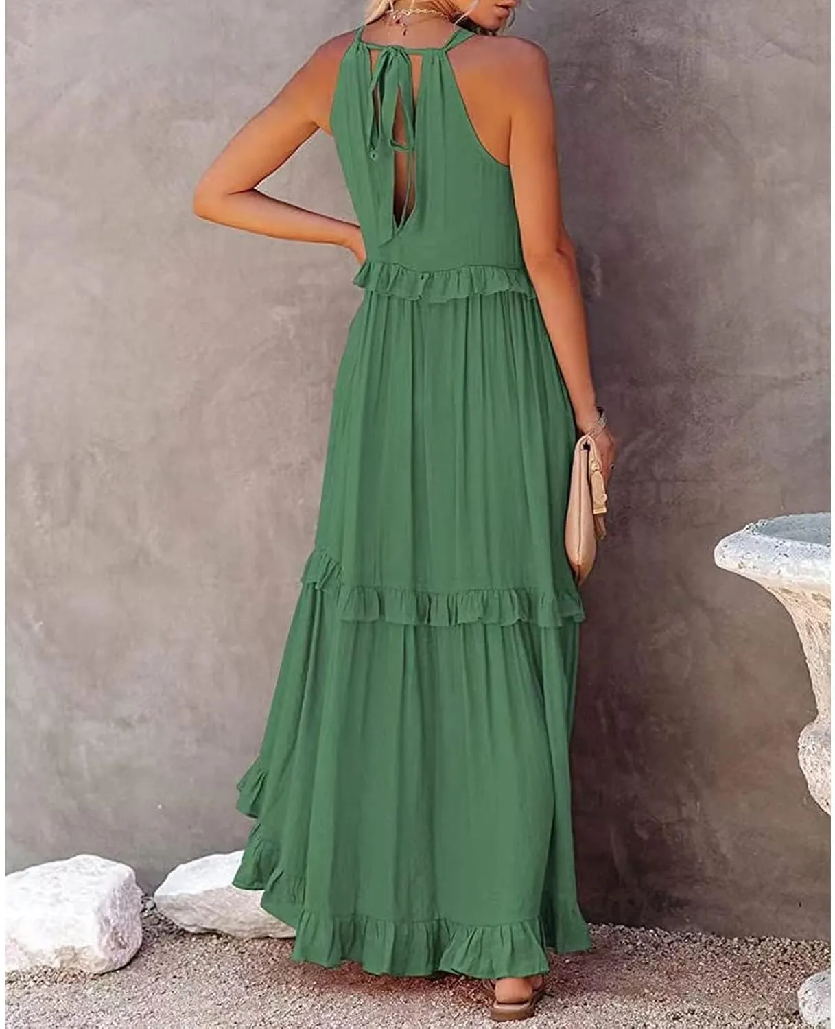 Women's Maxi Dress 2025 Spring Casual Loose Swing Sleeveless Tiered Beach Dress Boho Smocked Halter Ruffle Sundress
