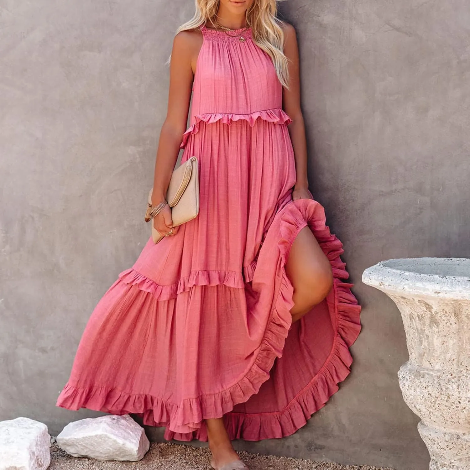 Women's Maxi Dress 2025 Spring Casual Loose Swing Sleeveless Tiered Beach Dress Boho Smocked Halter Ruffle Sundress