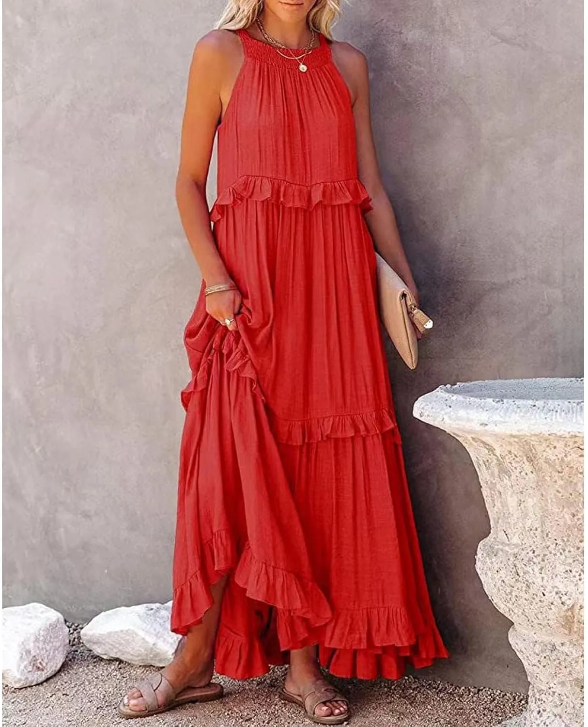 Women's Maxi Dress 2025 Spring Casual Loose Swing Sleeveless Tiered Beach Dress Boho Smocked Halter Ruffle Sundress