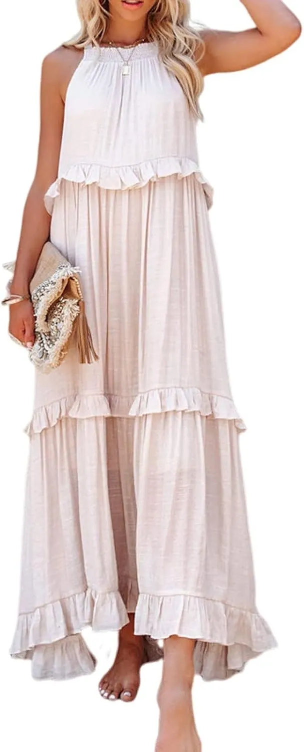 Women's Maxi Dress 2025 Spring Casual Loose Swing Sleeveless Tiered Beach Dress Boho Smocked Halter Ruffle Sundress