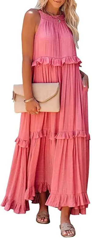Women's Maxi Dress 2025 Spring Casual Loose Swing Sleeveless Tiered Beach Dress Boho Smocked Halter Ruffle Sundress