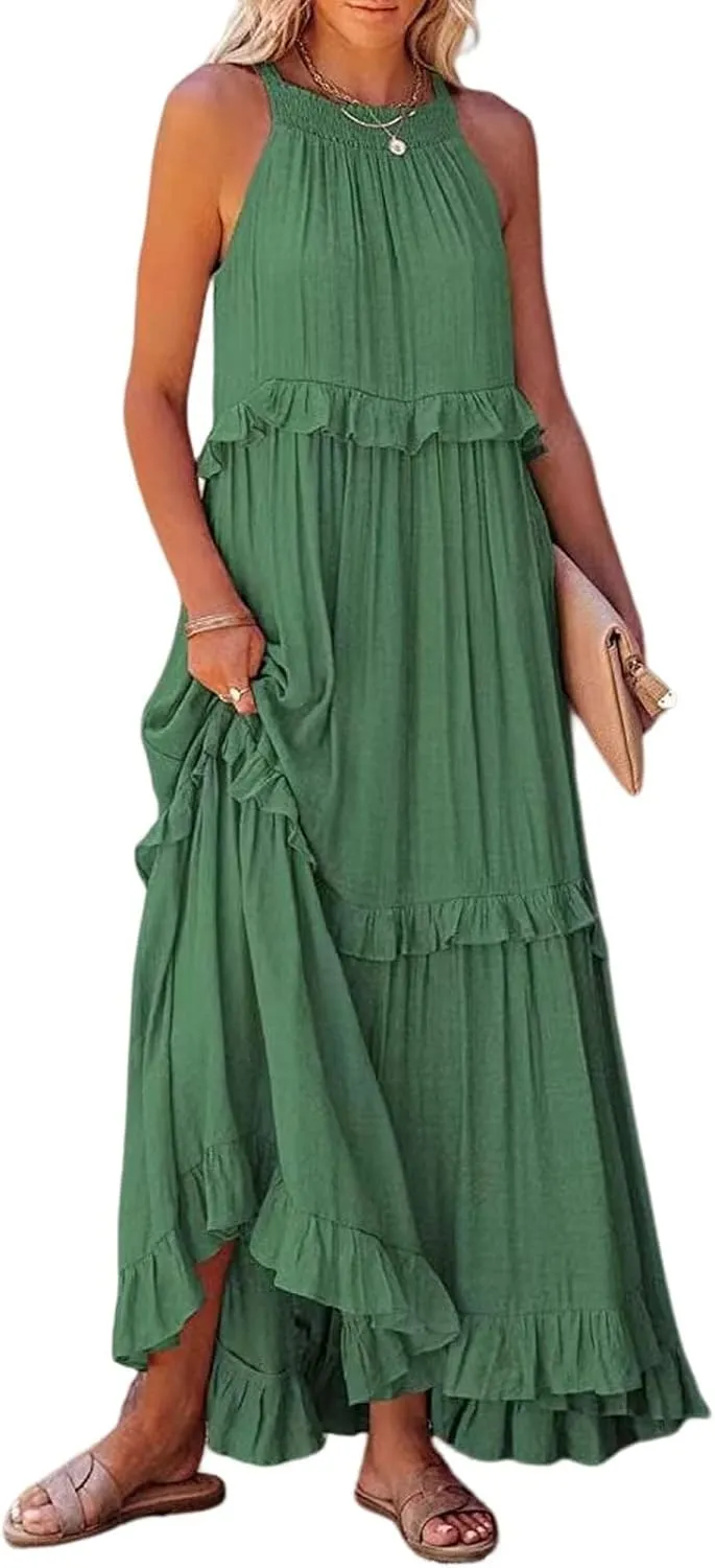 Women's Maxi Dress 2025 Spring Casual Loose Swing Sleeveless Tiered Beach Dress Boho Smocked Halter Ruffle Sundress