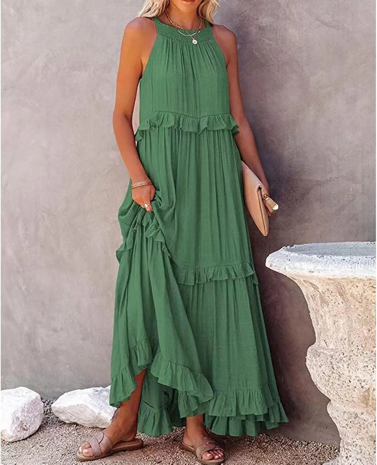 Women's Maxi Dress 2025 Spring Casual Loose Swing Sleeveless Tiered Beach Dress Boho Smocked Halter Ruffle Sundress