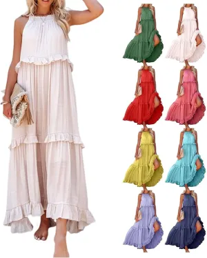 Women's Maxi Dress 2025 Spring Casual Loose Swing Sleeveless Tiered Beach Dress Boho Smocked Halter Ruffle Sundress