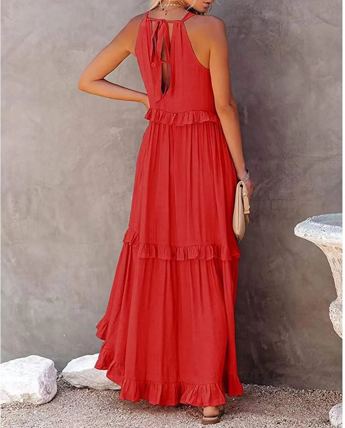 Women's Maxi Dress 2025 Spring Casual Loose Swing Sleeveless Tiered Beach Dress Boho Smocked Halter Ruffle Sundress