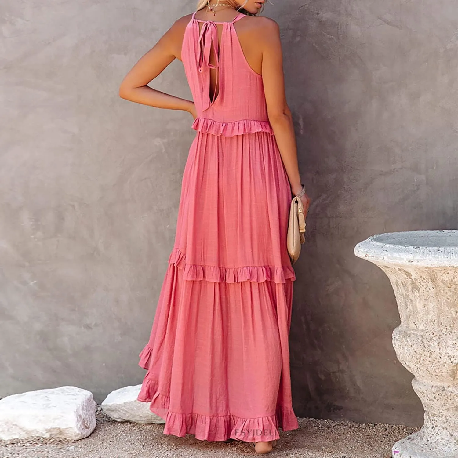 Women's Maxi Dress 2025 Spring Casual Loose Swing Sleeveless Tiered Beach Dress Boho Smocked Halter Ruffle Sundress