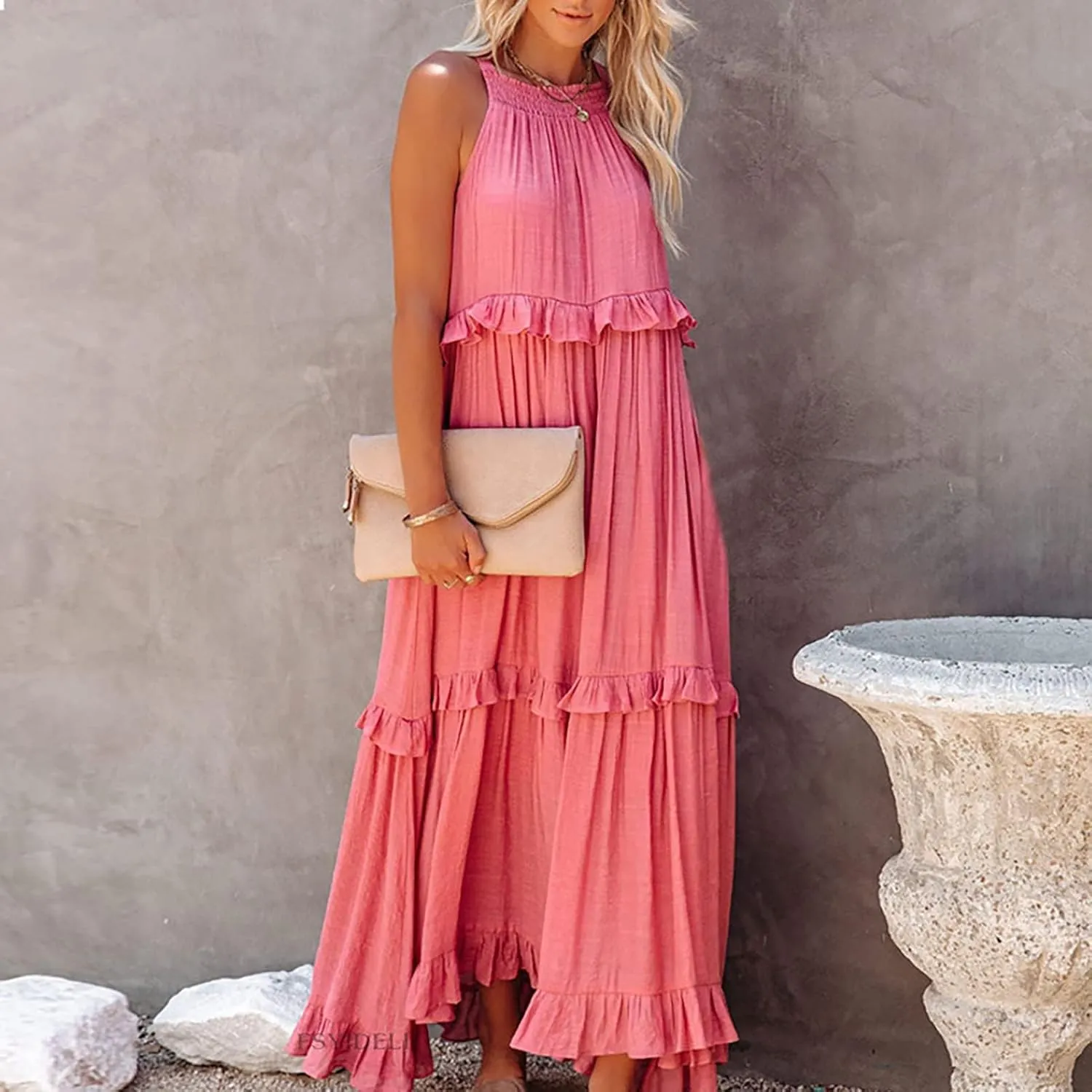 Women's Maxi Dress 2025 Spring Casual Loose Swing Sleeveless Tiered Beach Dress Boho Smocked Halter Ruffle Sundress