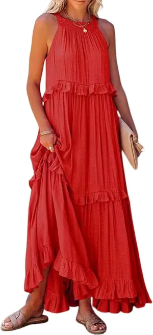 Women's Maxi Dress 2025 Spring Casual Loose Swing Sleeveless Tiered Beach Dress Boho Smocked Halter Ruffle Sundress