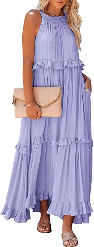 Women's Maxi Dress 2025 Spring Casual Loose Swing Sleeveless Tiered Beach Dress Boho Smocked Halter Ruffle Sundress
