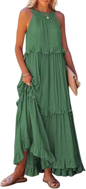 Women's Maxi Dress 2025 Spring Casual Loose Swing Sleeveless Tiered Beach Dress Boho Smocked Halter Ruffle Sundress