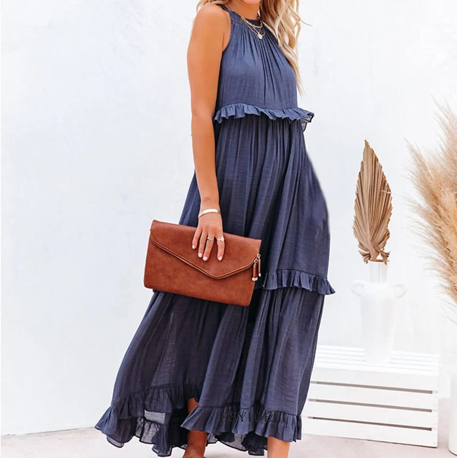 Women's Maxi Dress 2025 Spring Casual Loose Swing Sleeveless Tiered Beach Dress Boho Smocked Halter Ruffle Sundress