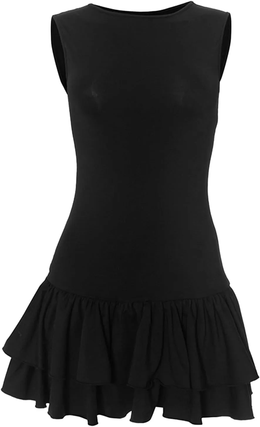 Womens Mini Dress Double Layered Ruffle Ruched Tiered Skirt Bodycon Sleeveless Tank Slim Fit Long Bridesmaid