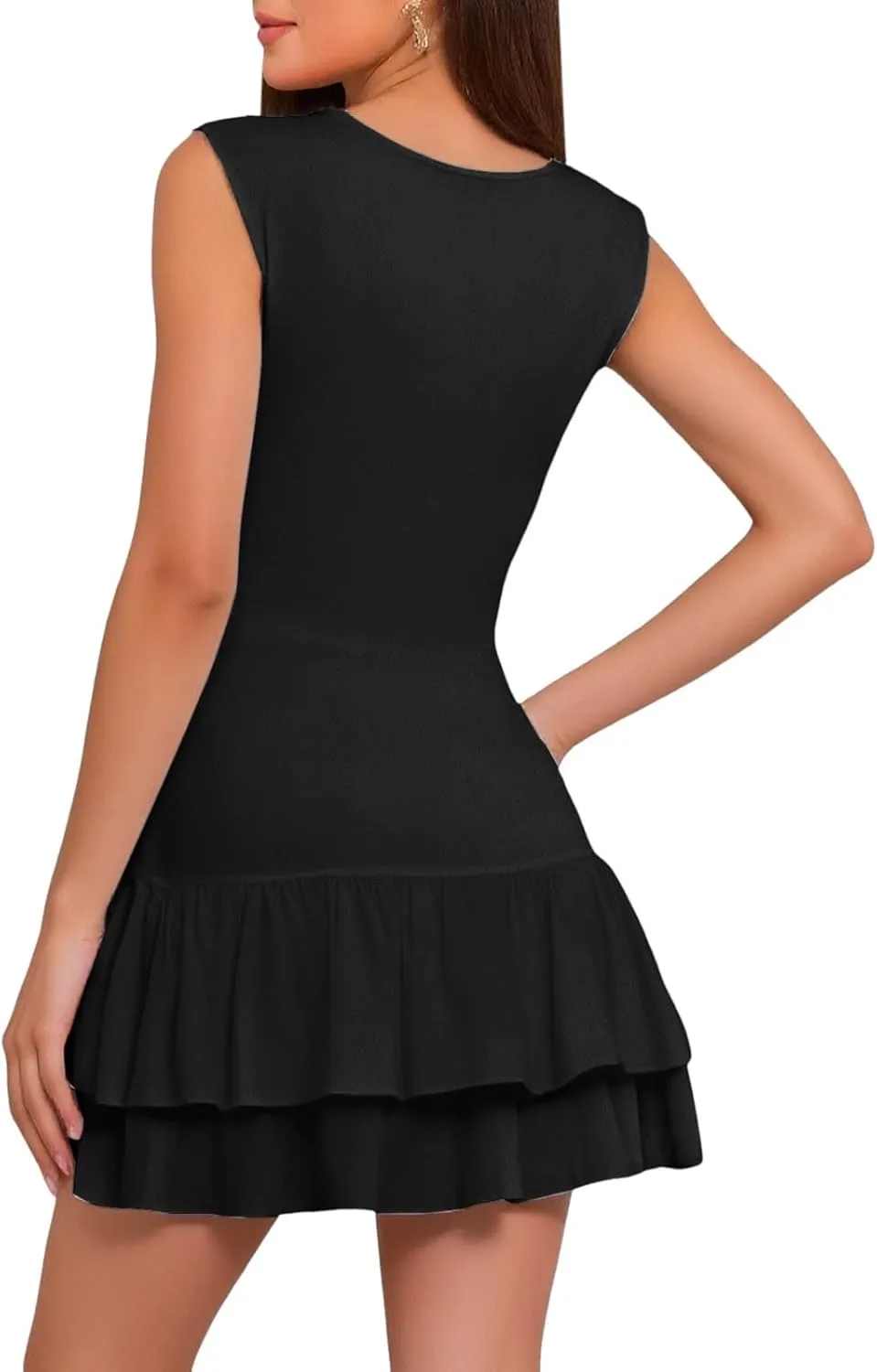 Womens Mini Dress Double Layered Ruffle Ruched Tiered Skirt Bodycon Sleeveless Tank Slim Fit Long Bridesmaid