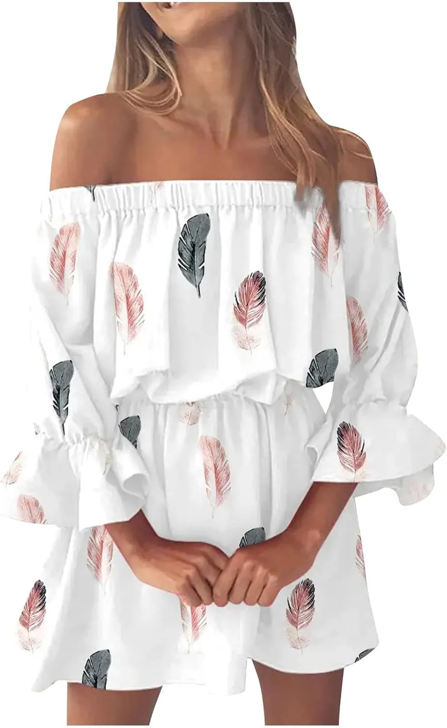 Womens Off Shoulder Summer Dresses Ruffle Floral 3/4 Sleeve Swing Mini Dress Elastic Waist A-Line Wedding Guest Dresses