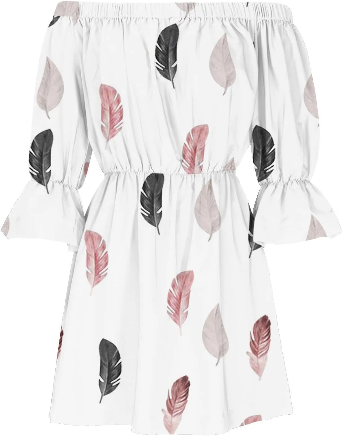 Womens Off Shoulder Summer Dresses Ruffle Floral 3/4 Sleeve Swing Mini Dress Elastic Waist A-Line Wedding Guest Dresses