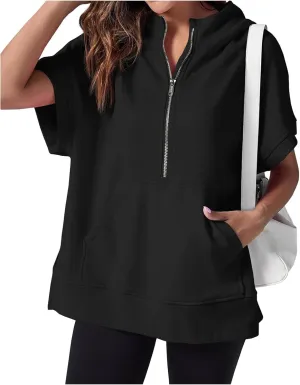 Womens Oversized Half Zip Hoodies Short Sleeve Sweatshirts Casual Loose Fit Shirts Summer Pullover Tops with Pockets