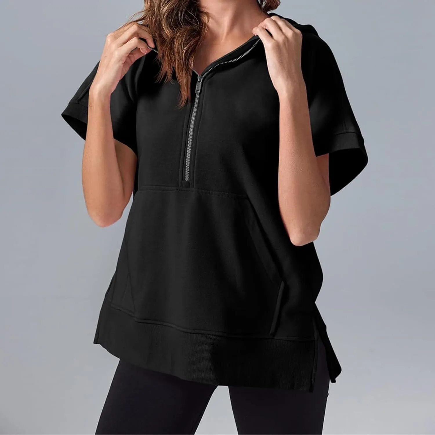 Womens Oversized Half Zip Hoodies Short Sleeve Sweatshirts Casual Loose Fit Shirts Summer Pullover Tops with Pockets