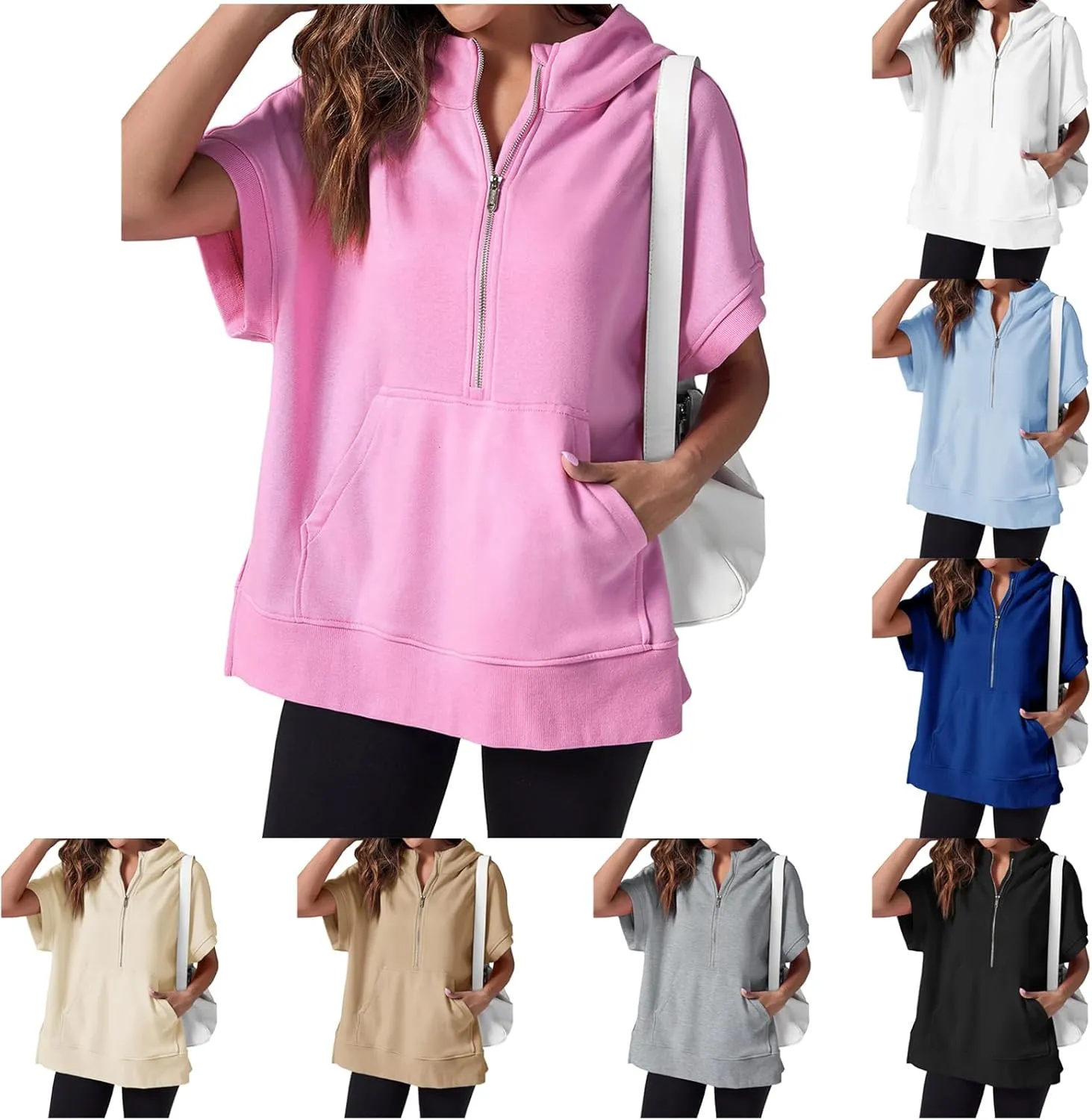 Womens Oversized Half Zip Hoodies Short Sleeve Sweatshirts Casual Loose Fit Shirts Summer Pullover Tops with Pockets