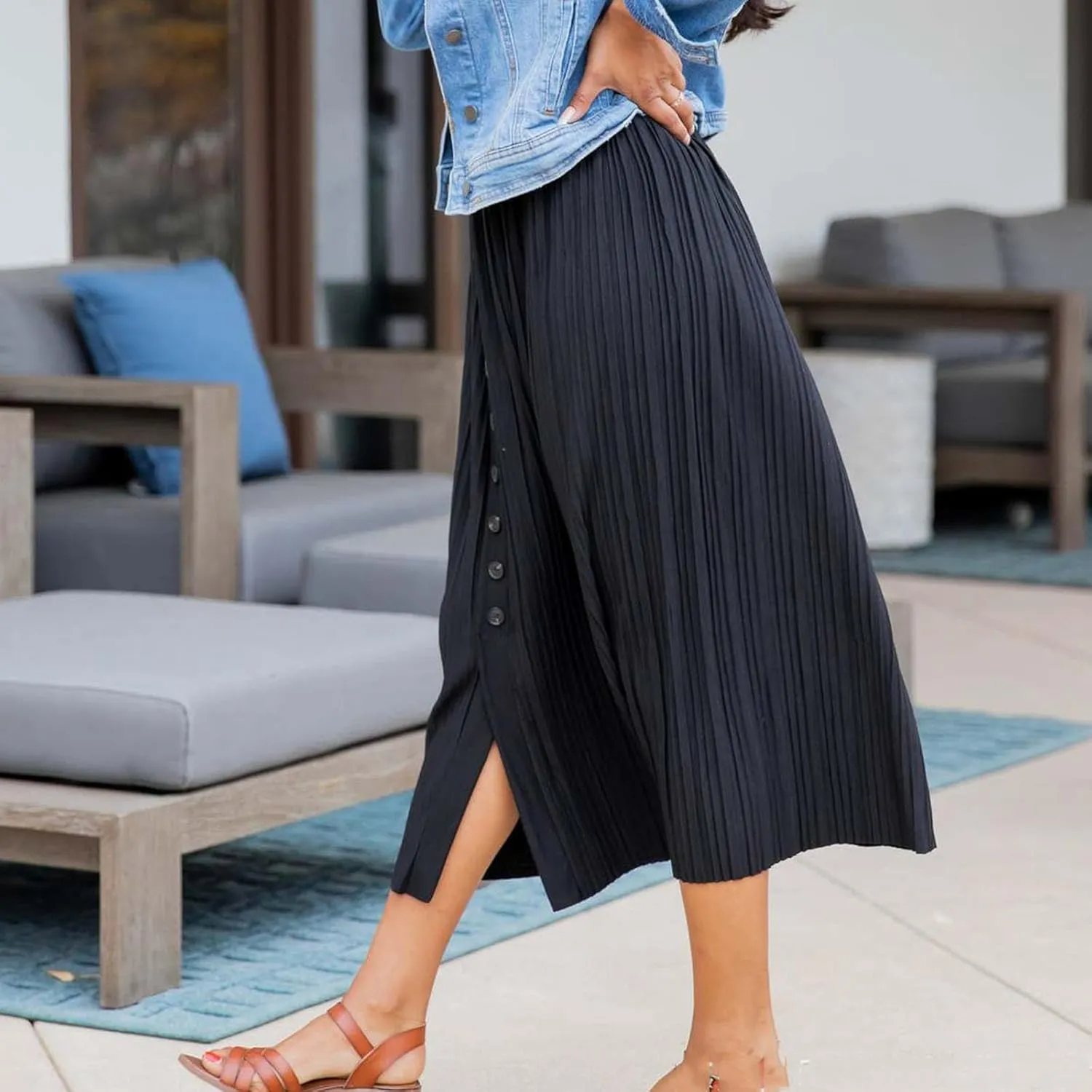 Women's Pleated Midi Skirt Flowy Summer Pleated High Waisted Casual Button Front Skirts with Pockets
