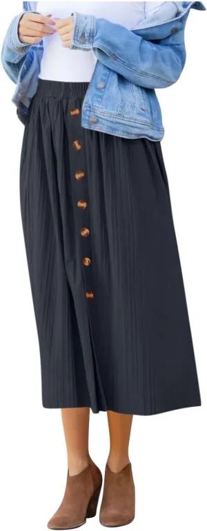 Women's Pleated Midi Skirt Flowy Summer Pleated High Waisted Casual Button Front Skirts with Pockets