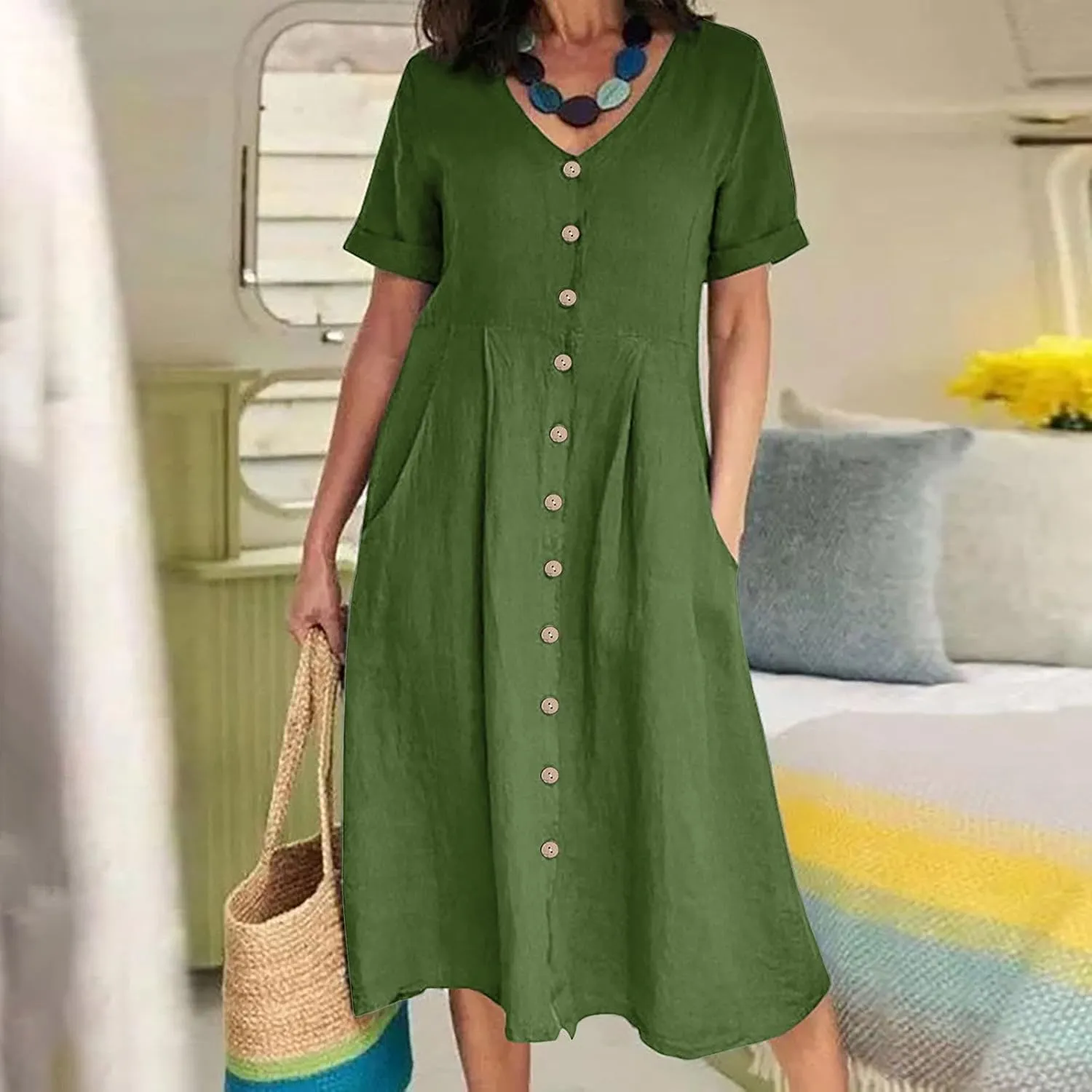 Womens Plus Size Cotton Linen Midi Dress V Neck Button Summer Dresses Short Sleeve Solid A Line Dress with Pockets