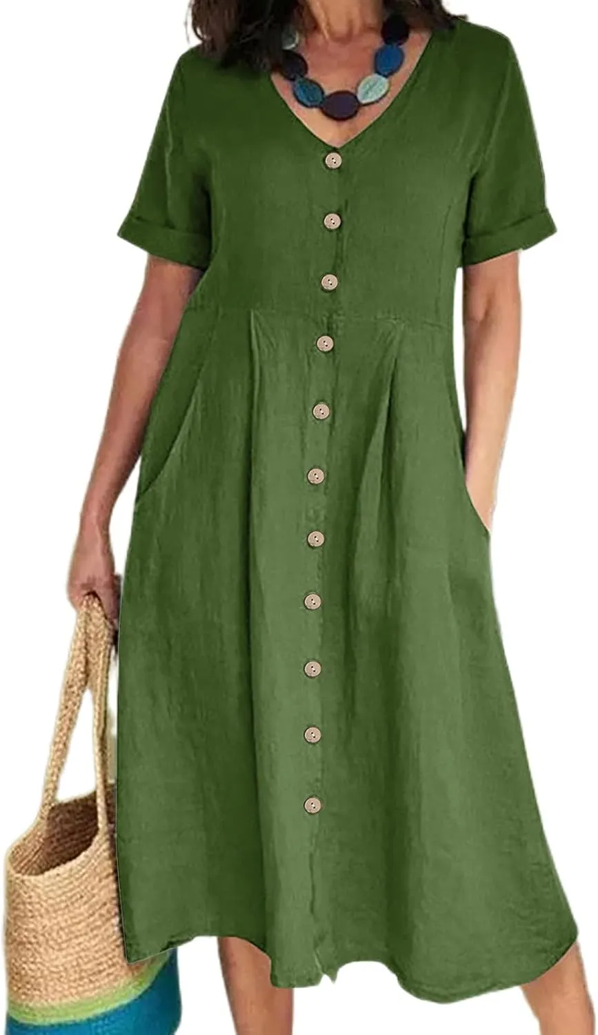 Womens Plus Size Cotton Linen Midi Dress V Neck Button Summer Dresses Short Sleeve Solid A Line Dress with Pockets