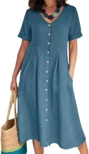 Womens Plus Size Cotton Linen Midi Dress V Neck Button Summer Dresses Short Sleeve Solid A Line Dress with Pockets