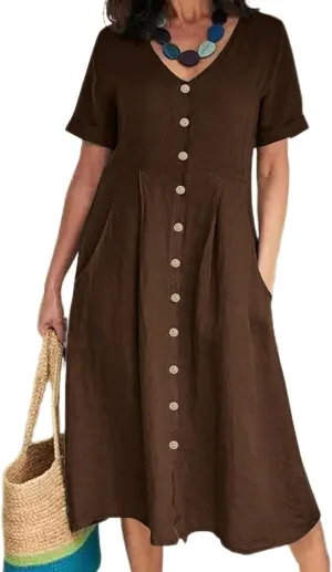 Womens Plus Size Cotton Linen Midi Dress V Neck Button Summer Dresses Short Sleeve Solid A Line Dress with Pockets