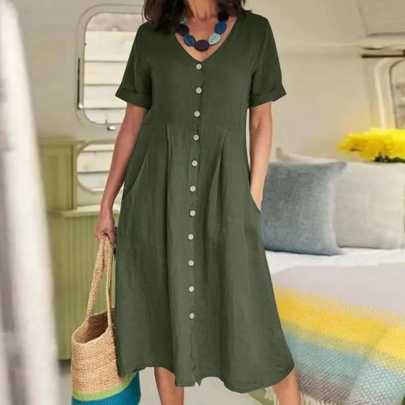 Womens Plus Size Cotton Linen Midi Dress V Neck Button Summer Dresses Short Sleeve Solid A Line Dress with Pockets