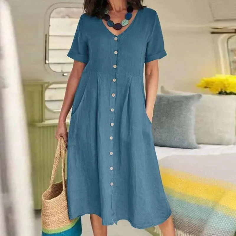 Womens Plus Size Cotton Linen Midi Dress V Neck Button Summer Dresses Short Sleeve Solid A Line Dress with Pockets