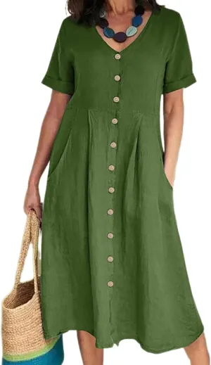 Womens Plus Size Cotton Linen Midi Dress V Neck Button Summer Dresses Short Sleeve Solid A Line Dress with Pockets